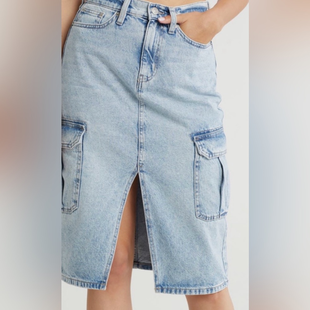 Calvin Klein Light Blue High Rise Denim Cargo Skirt